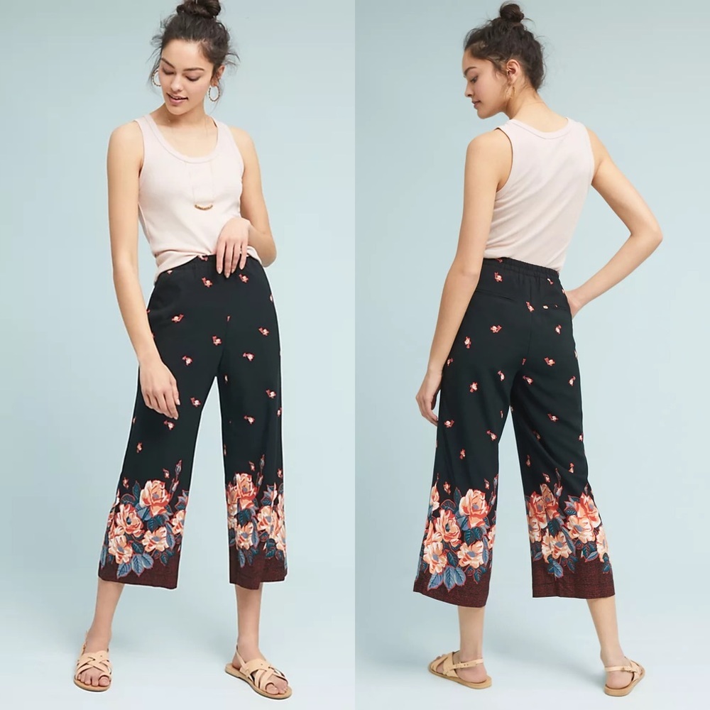 Anthropologie Black Blake Floral Print Trousers size Medium